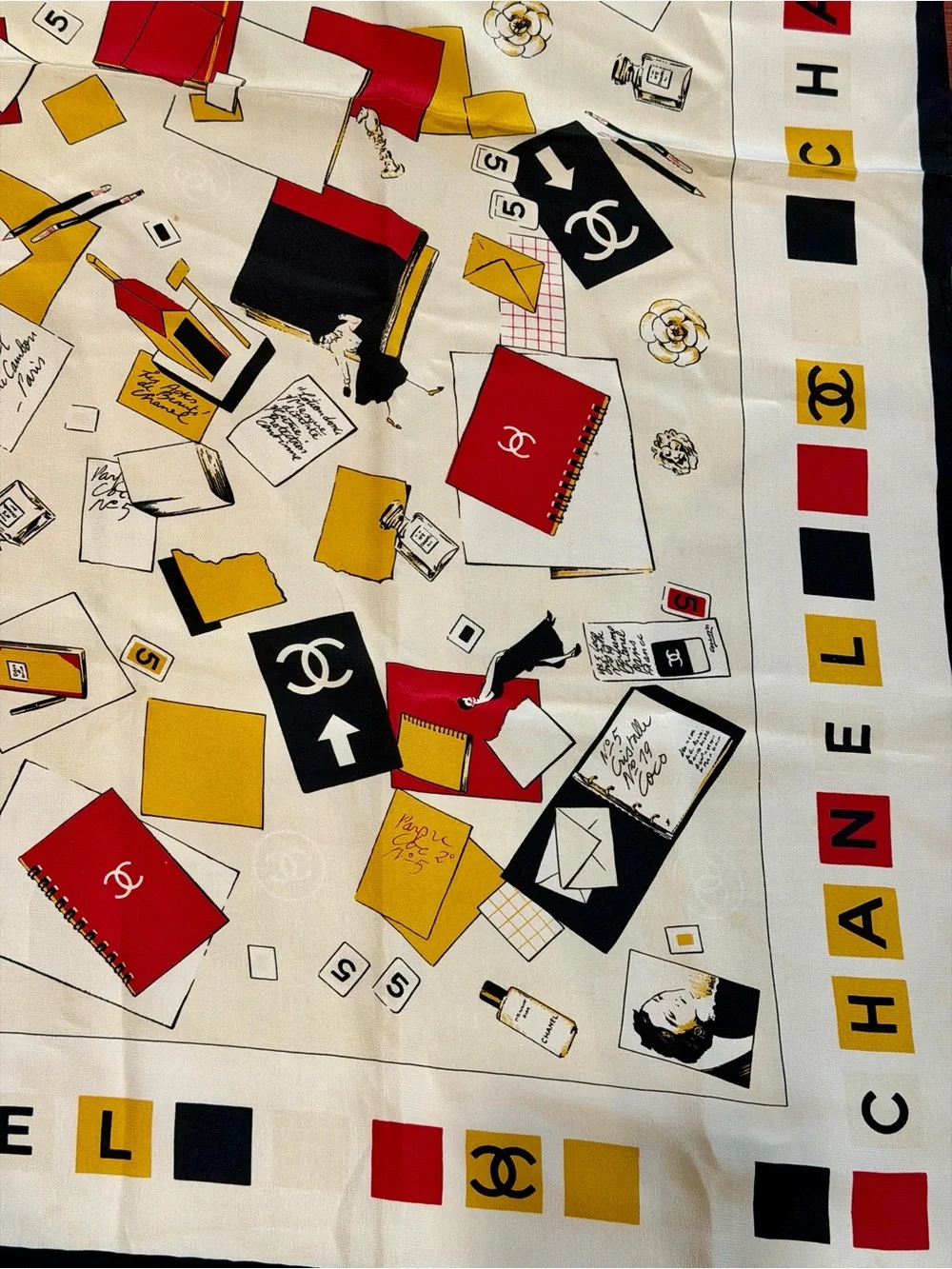 CHANEL Cream Silk Scarf with Red, Black & Yellow Motifs